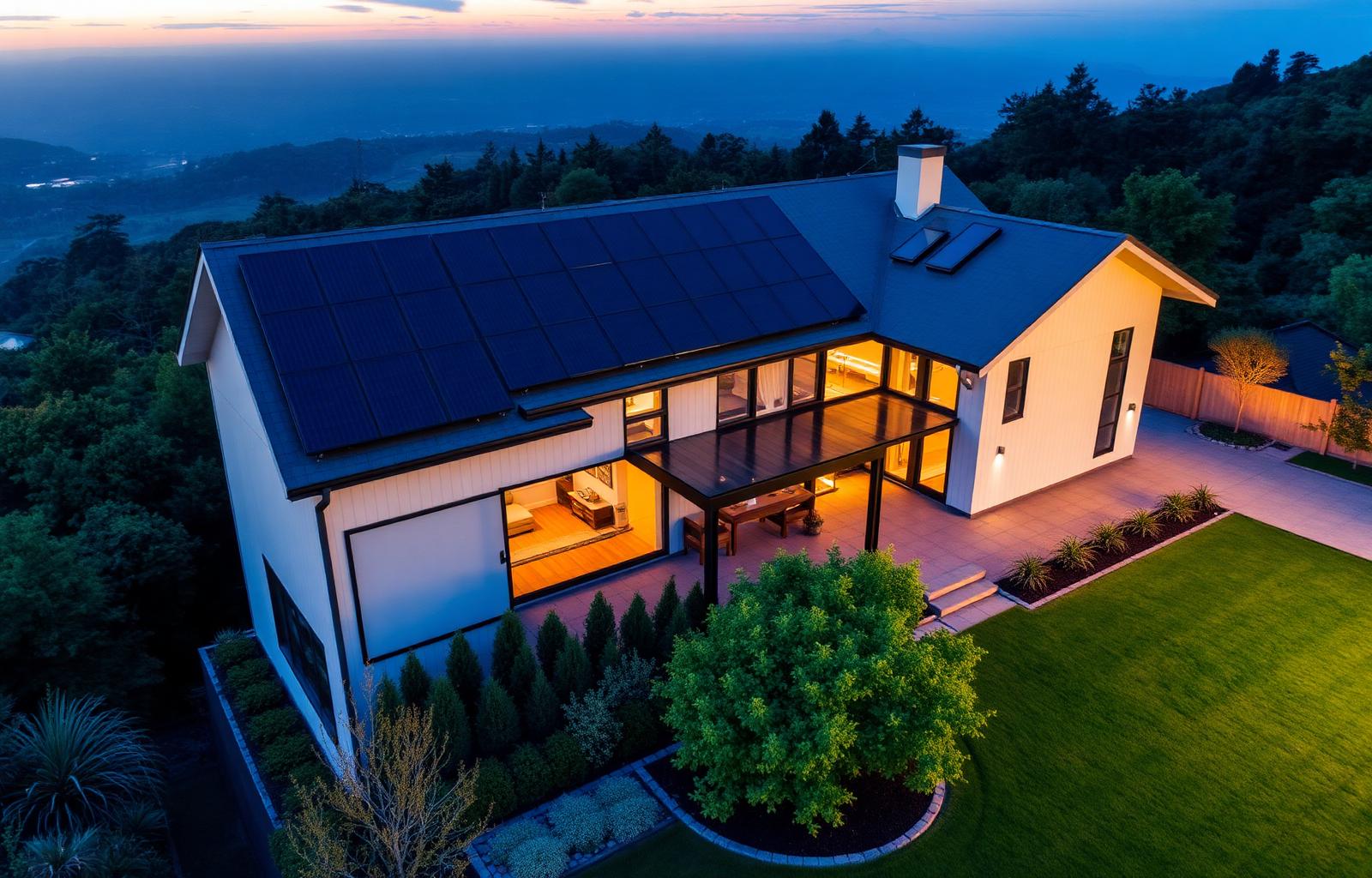 Modern home with rooftop solar panels